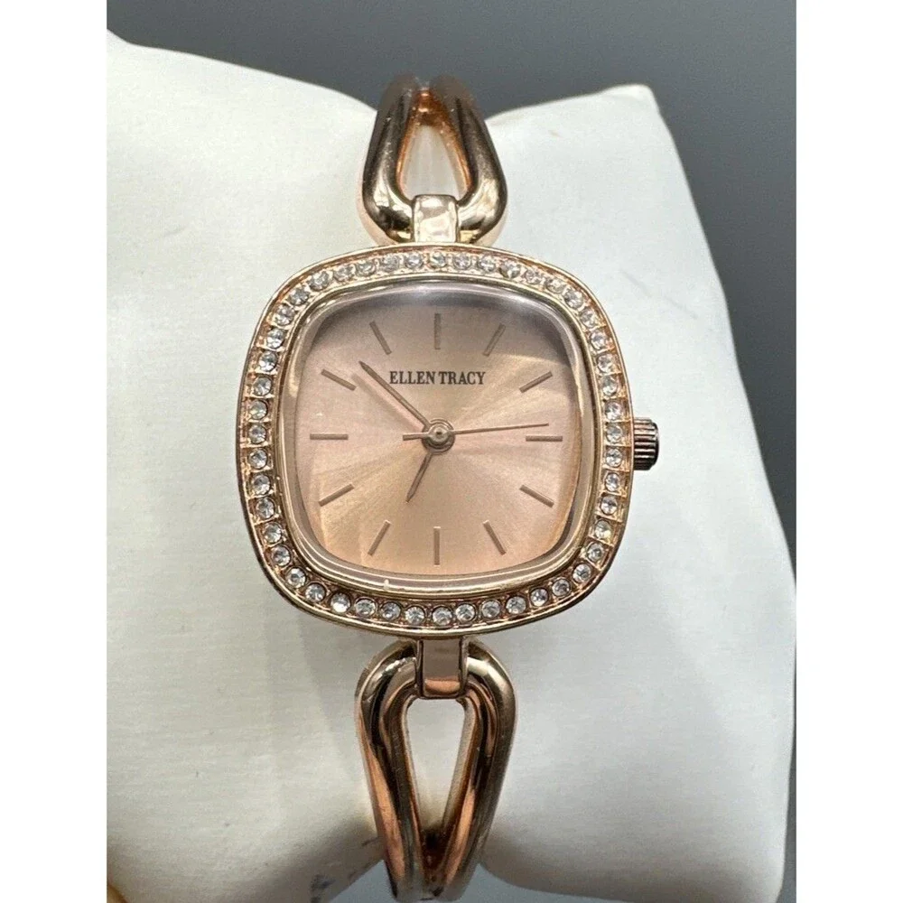 Rose Gold Ellen Tracy Ladies Halo Clamper Bangle Bracelet Watch New Battery